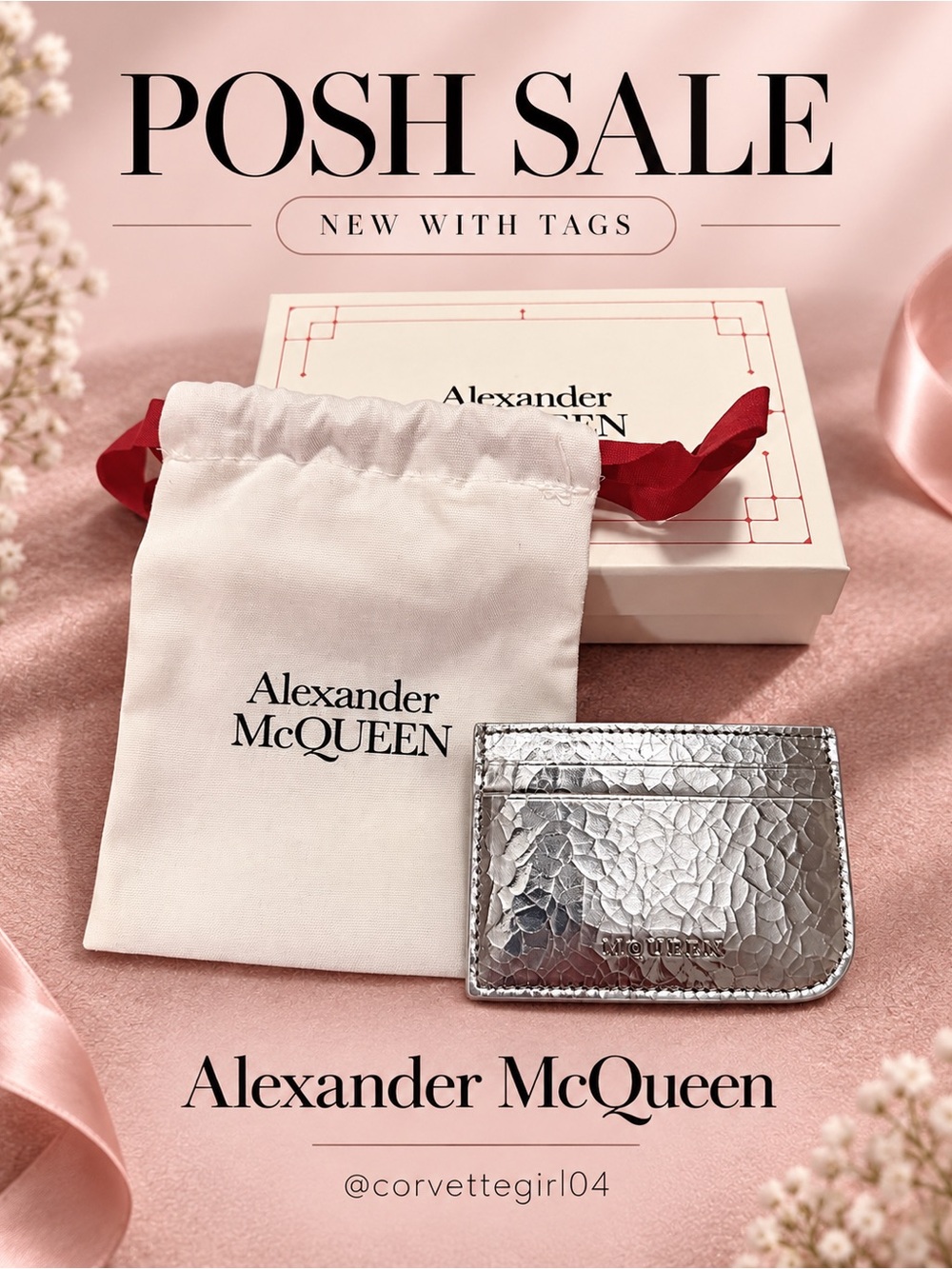 New/unused Alexander McQUEEN Silver Textured Leather Card Holder